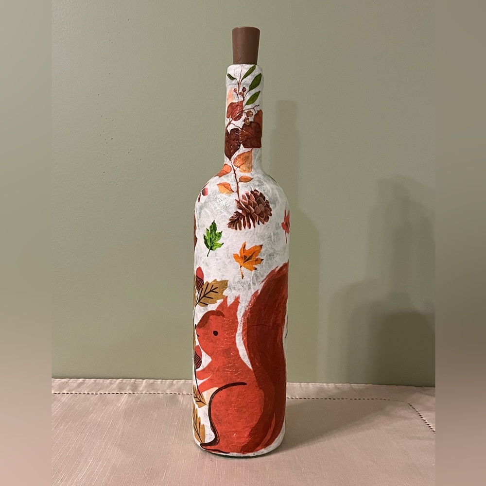 Decorated Bottle, Fall Decor, Squirrels, Home Decor, Lighted Bottles